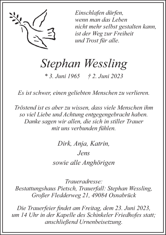 Traueranzeige von Stephan Wessling von Neue Osnabrücker Zeitung GmbH & Co. KG
