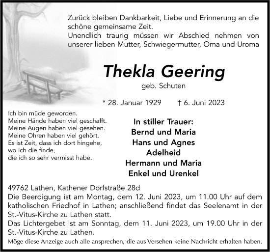 Traueranzeige von Thekla Geering von Neue Osnabrücker Zeitung GmbH & Co. KG