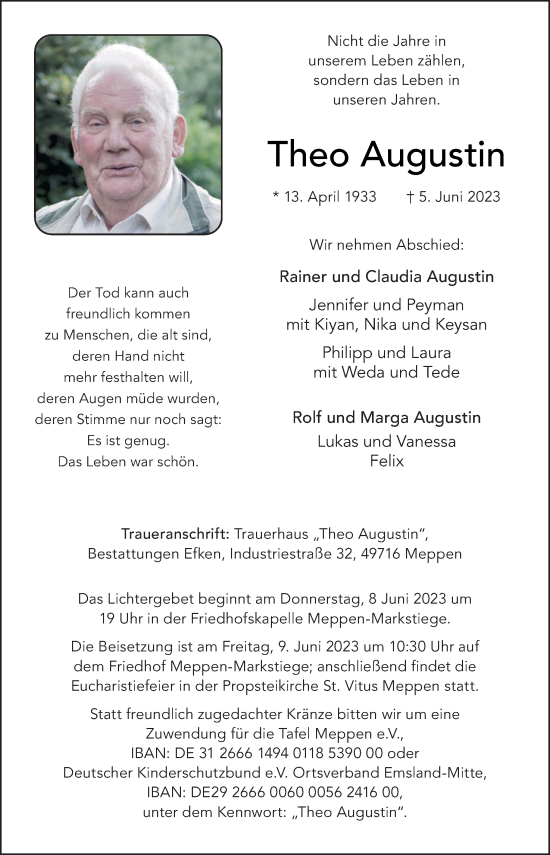 Traueranzeige von Theo Augustin von Neue Osnabrücker Zeitung GmbH & Co. KG