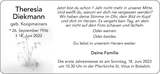 Traueranzeige von Theresia Diekmann von Neue Osnabrücker Zeitung GmbH & Co. KG