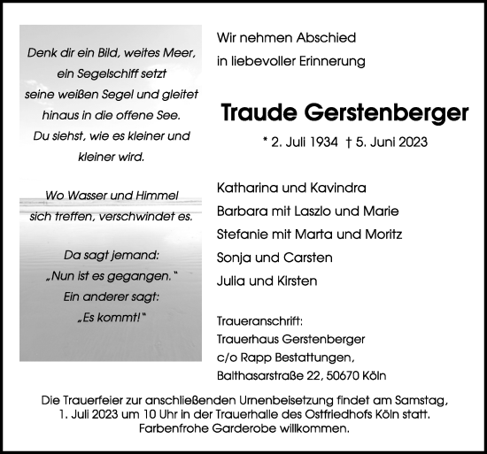 Traueranzeige von Traude Gerstenberger von Neue Osnabrücker Zeitung GmbH & Co. KG