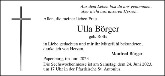 Traueranzeige von Ulla Börger von Neue Osnabrücker Zeitung GmbH & Co. KG