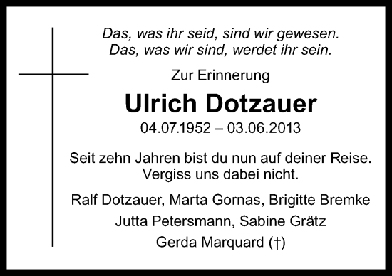 Traueranzeige von Ulrich Dotzauer von Neue Osnabrücker Zeitung GmbH & Co. KG