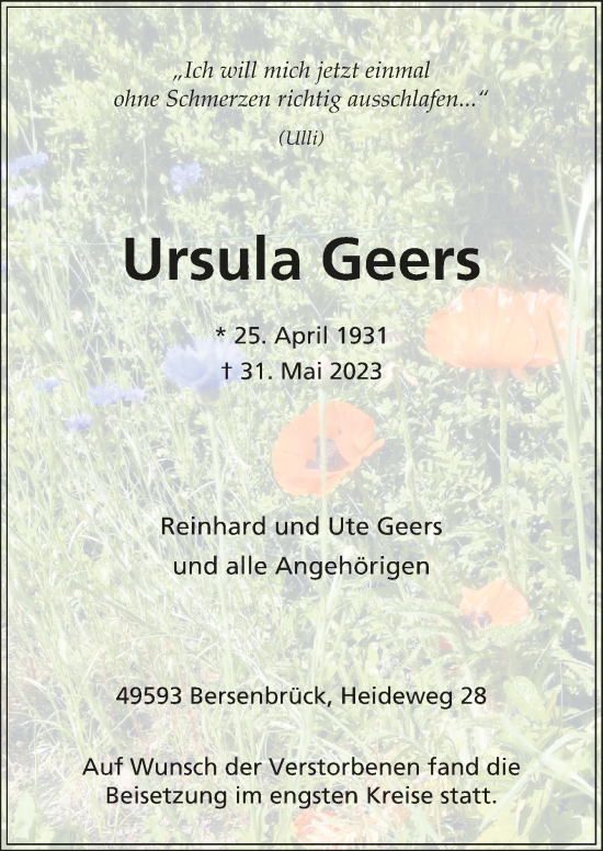 Traueranzeige von Ursula Geers von Neue Osnabrücker Zeitung GmbH & Co. KG