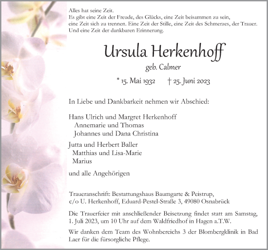 Traueranzeige von Ursula Herkenhoff von Neue Osnabrücker Zeitung GmbH & Co. KG