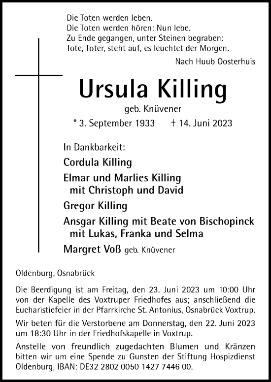 Traueranzeige von Ursula Killing von Neue Osnabrücker Zeitung GmbH & Co. KG