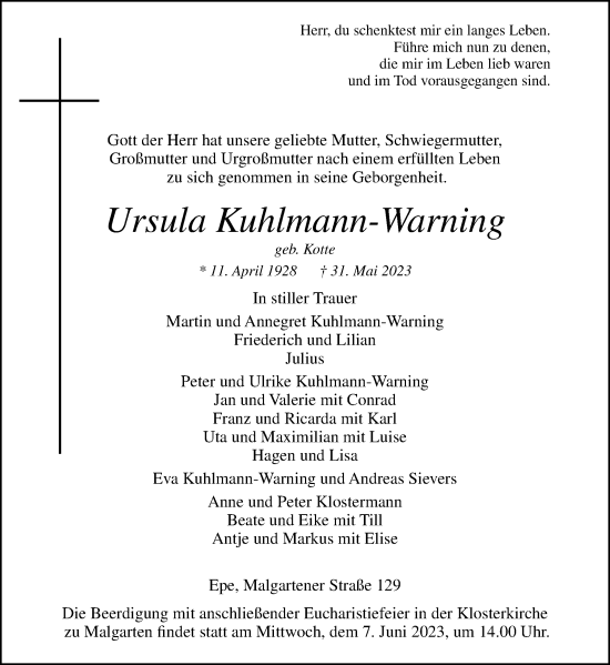 Traueranzeige von Ursula Kuhlmann-Warning von Neue Osnabrücker Zeitung GmbH & Co. KG