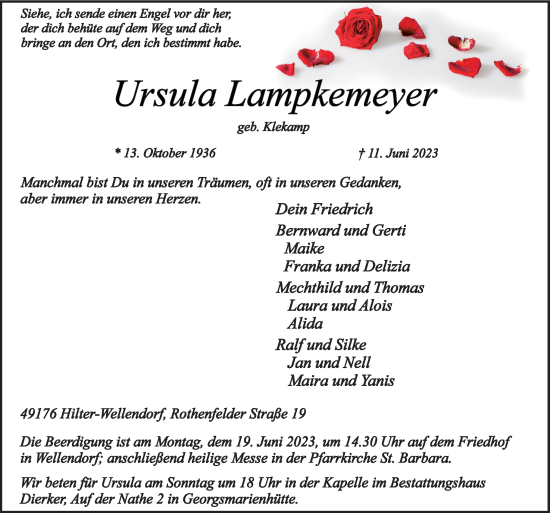 Traueranzeige von Ursula Lampkemeyer von Neue Osnabrücker Zeitung GmbH & Co. KG