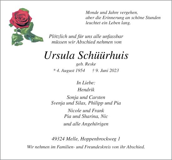 Traueranzeige von Ursula Schüürhuis von Neue Osnabrücker Zeitung GmbH & Co. KG