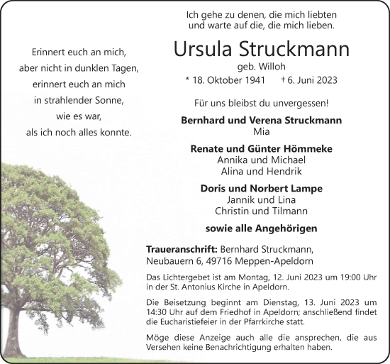 Traueranzeige von Ursula Struckmann von Neue Osnabrücker Zeitung GmbH & Co. KG