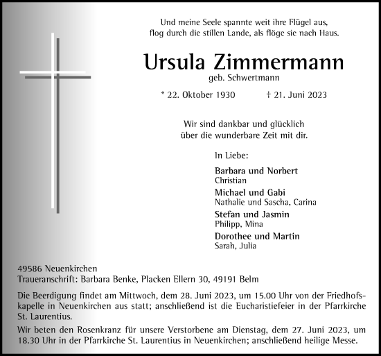 Traueranzeige von Ursula Zimmermann von Neue Osnabrücker Zeitung GmbH & Co. KG
