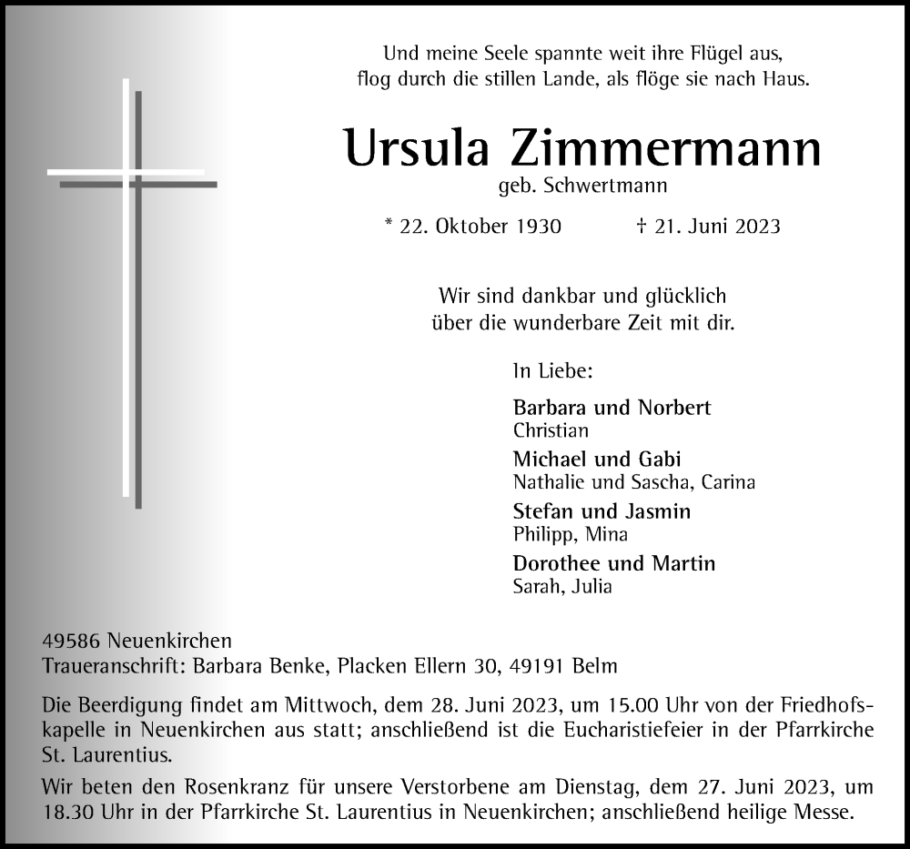  Traueranzeige für Ursula Zimmermann vom 24.06.2023 aus Neue Osnabrücker Zeitung GmbH & Co. KG