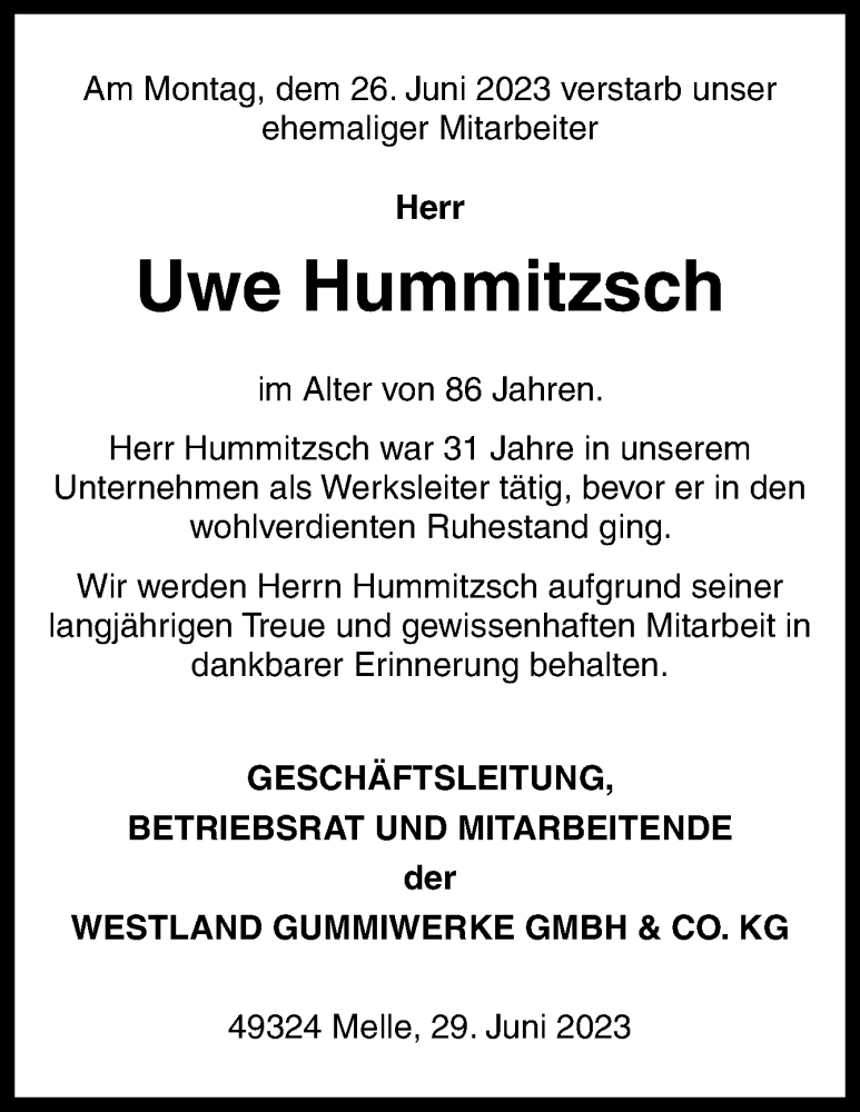  Traueranzeige für Uwe Hummitzsch vom 29.06.2023 aus Neue Osnabrücker Zeitung GmbH & Co. KG