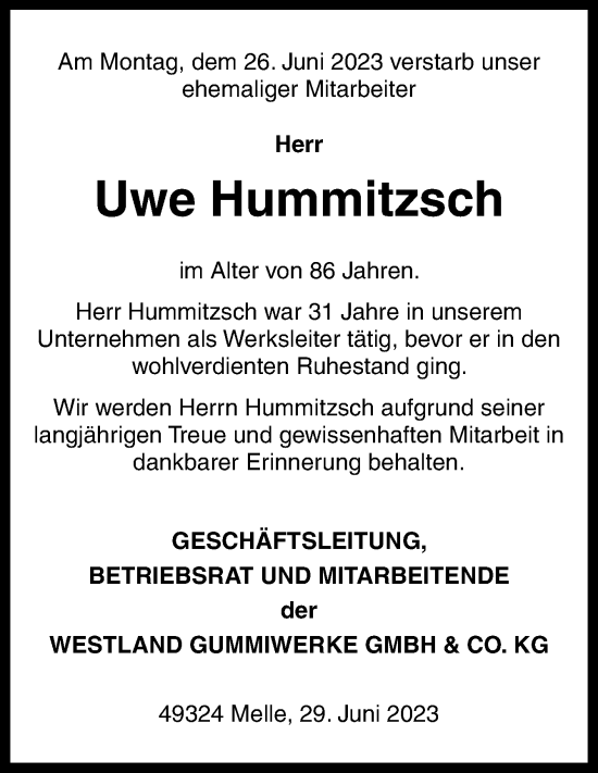 Traueranzeige von Uwe Hummitzsch von Neue Osnabrücker Zeitung GmbH & Co. KG