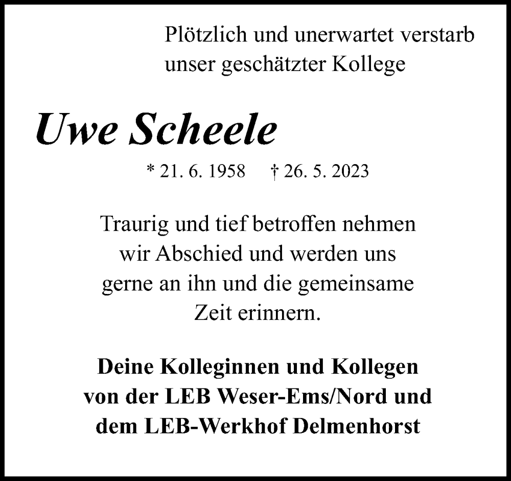  Traueranzeige für Uwe Scheele vom 05.06.2023 aus DK Medien GmbH & Co. KG