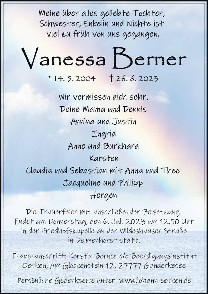  Traueranzeige für Vanessa Berner vom 30.06.2023 aus DK Medien GmbH & Co. KG