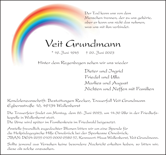 Traueranzeige von Veit Grundmann von Neue Osnabrücker Zeitung GmbH & Co. KG