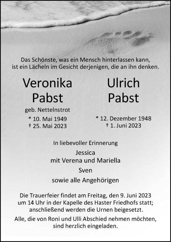 Traueranzeige von Veronika und Ulrich Pabst von Neue Osnabrücker Zeitung GmbH & Co. KG