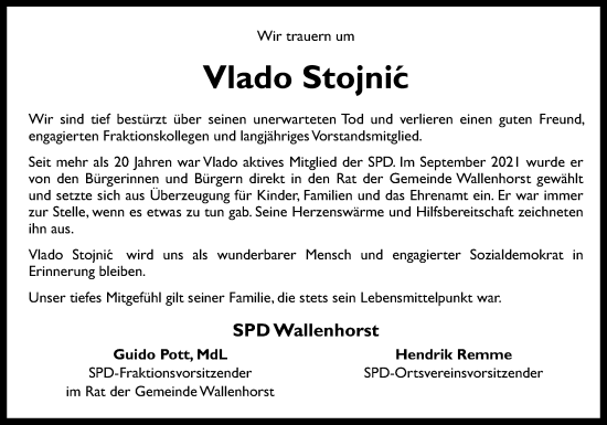 Traueranzeige von Vlado Stojnic von Neue Osnabrücker Zeitung GmbH & Co. KG