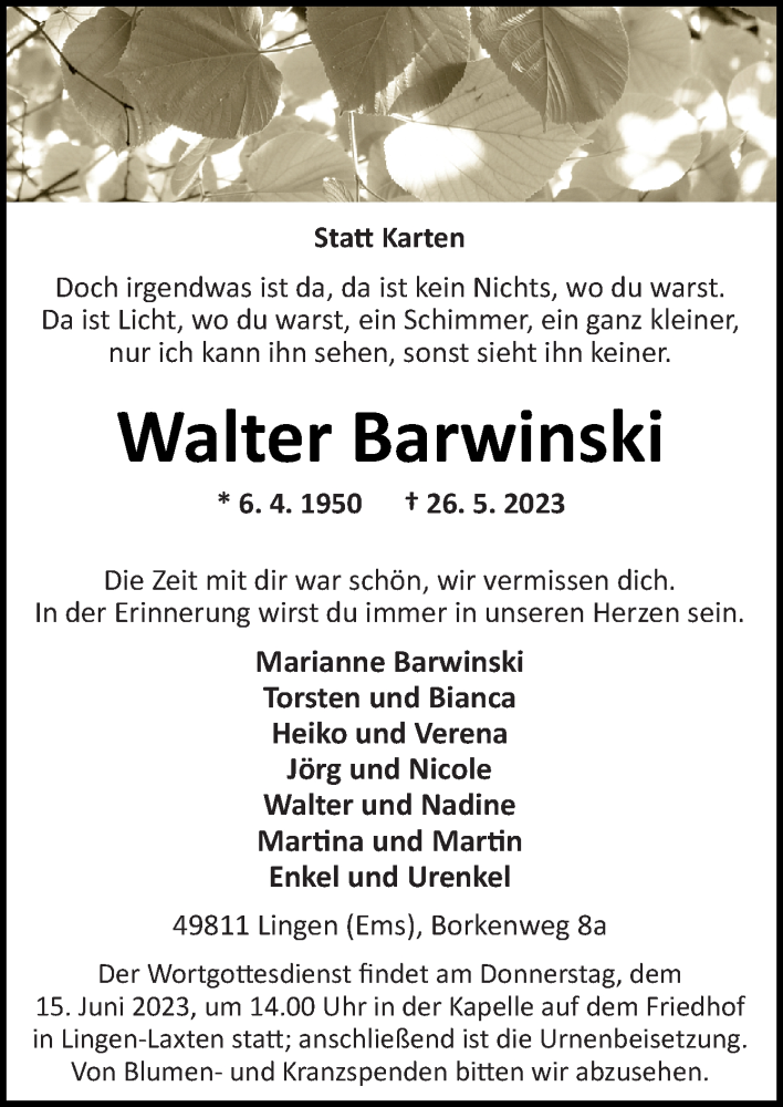  Traueranzeige für Walter Barwinski vom 10.06.2023 aus Neue Osnabrücker Zeitung GmbH & Co. KG