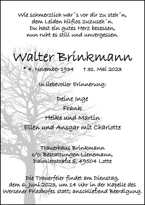 Traueranzeige von Walter Brinkmann von Neue Osnabrücker Zeitung GmbH & Co. KG