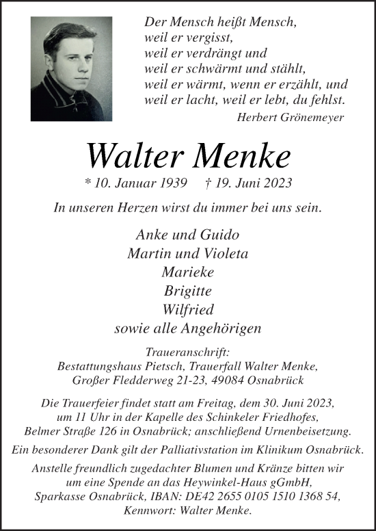 Traueranzeige von Walter Menke von Neue Osnabrücker Zeitung GmbH & Co. KG