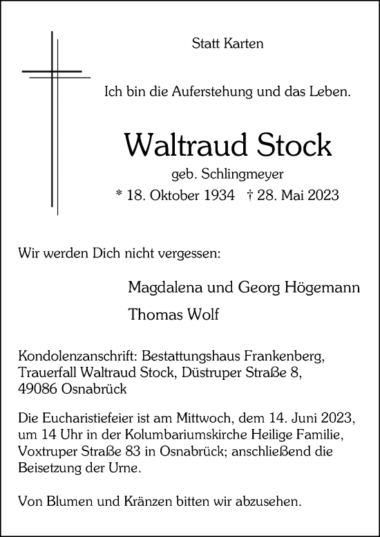 Traueranzeige von Waltraud Stock von Neue Osnabrücker Zeitung GmbH & Co. KG