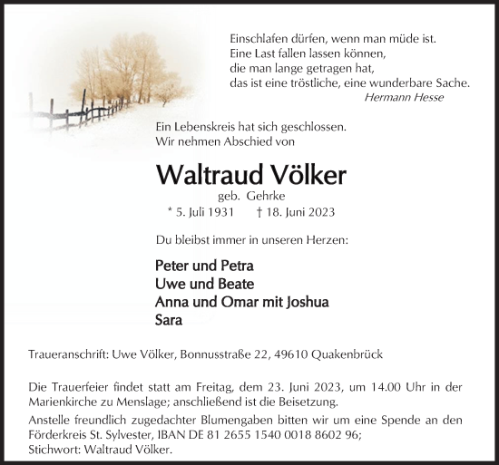 Traueranzeige von Waltraud Völker von Neue Osnabrücker Zeitung GmbH & Co. KG