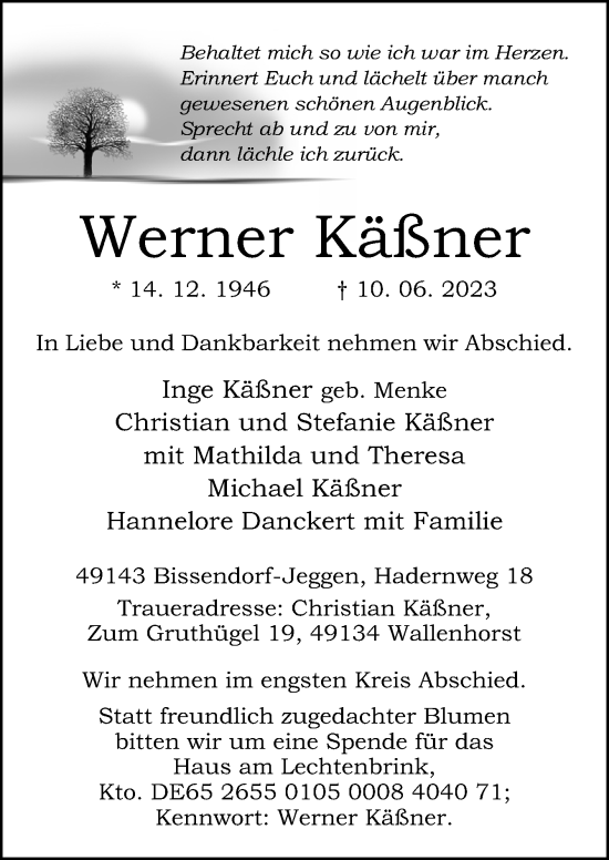 Traueranzeige von Werner Käßner von Neue Osnabrücker Zeitung GmbH & Co. KG