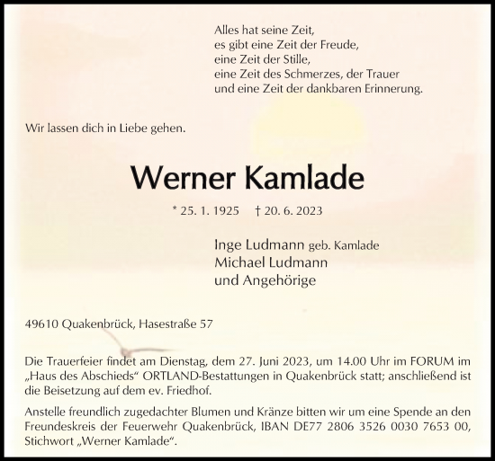 Traueranzeige von Werner Kamlade von Neue Osnabrücker Zeitung GmbH & Co. KG