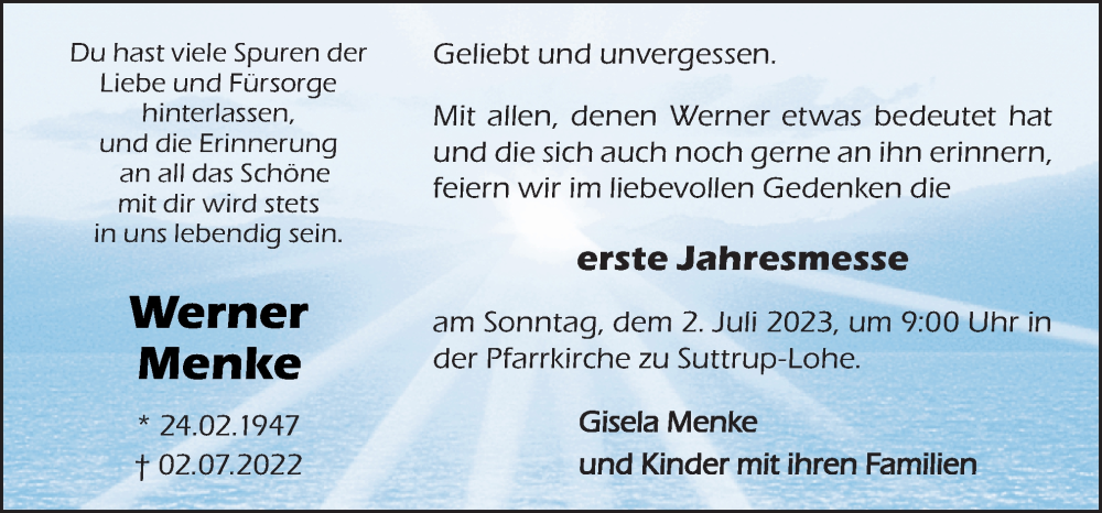  Traueranzeige für Werner Menke vom 28.06.2023 aus Neue Osnabrücker Zeitung GmbH & Co. KG