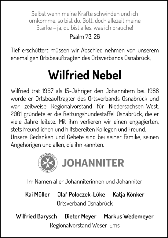 Traueranzeige von Wilfried Nebel von Neue Osnabrücker Zeitung GmbH & Co. KG