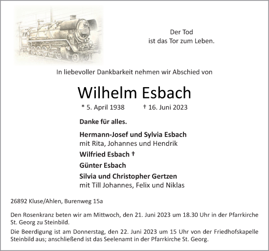 Traueranzeige von Wilhelm Esbach von Neue Osnabrücker Zeitung GmbH & Co. KG