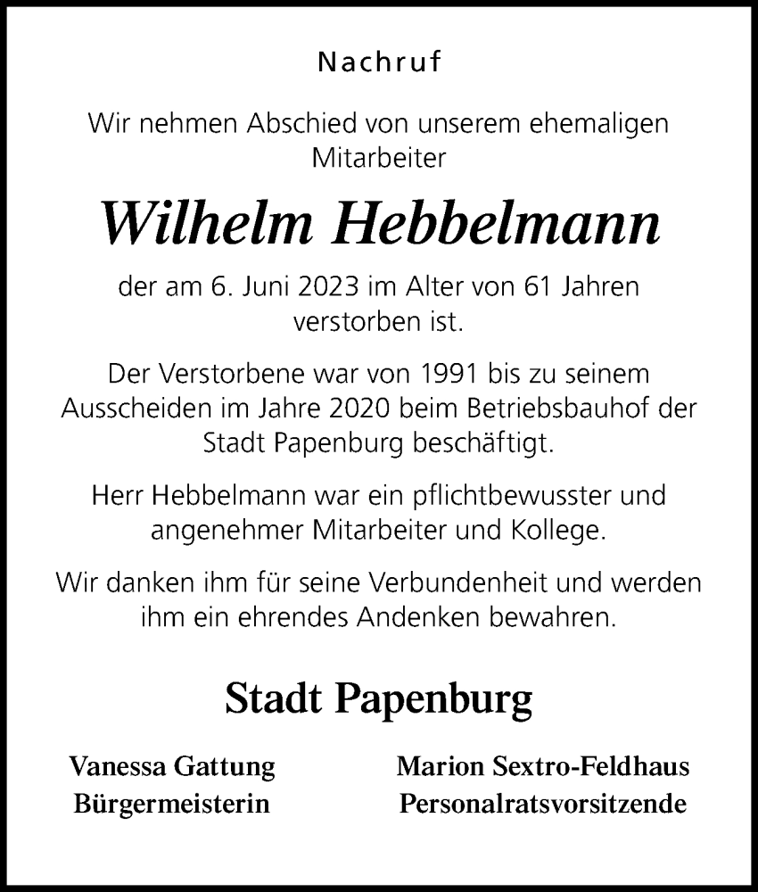  Traueranzeige für Willi Hebbelmann vom 15.06.2023 aus Neue Osnabrücker Zeitung GmbH & Co. KG