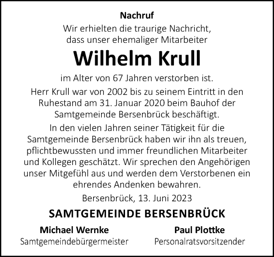 Traueranzeige von Wilhelm Krull von Neue Osnabrücker Zeitung GmbH & Co. KG