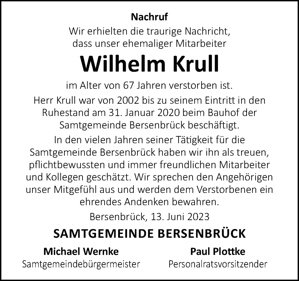  Traueranzeige für Wilhelm Krull vom 14.06.2023 aus Neue Osnabrücker Zeitung GmbH & Co. KG