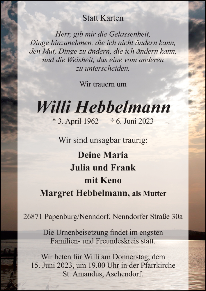 Traueranzeige für Willi Hebbelmann vom 13.06.2023 aus Neue Osnabrücker Zeitung GmbH & Co. KG