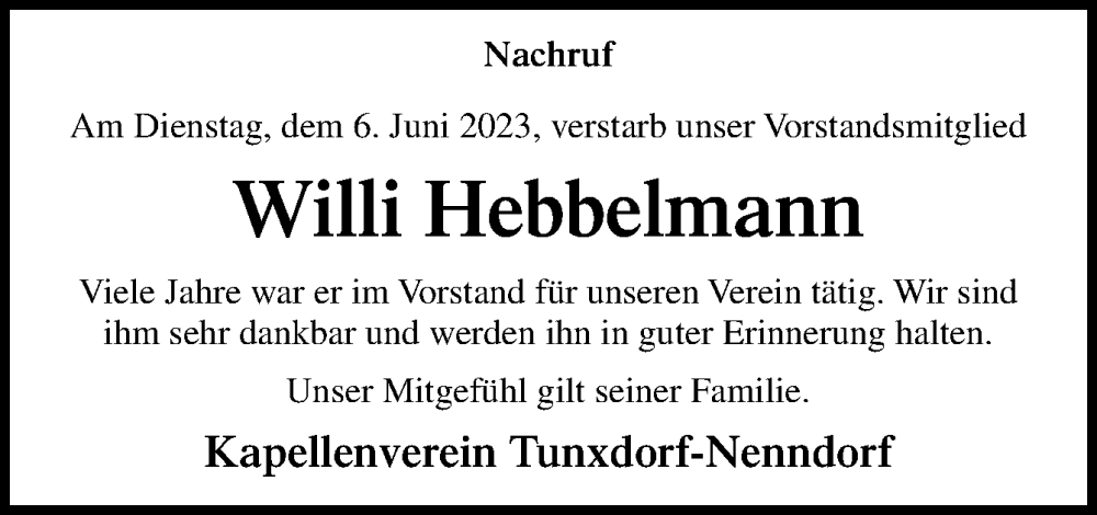  Traueranzeige für Willi Hebbelmann vom 17.06.2023 aus Neue Osnabrücker Zeitung GmbH & Co. KG