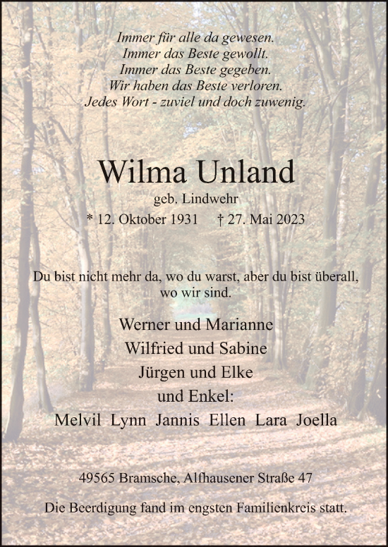 Traueranzeige von Wilma Unland von Neue Osnabrücker Zeitung GmbH & Co. KG