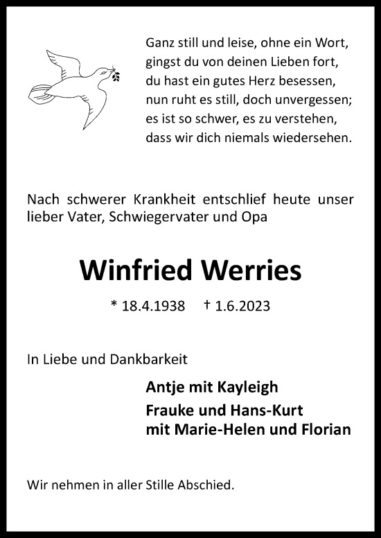 Traueranzeige von Winfried Werries von Neue Osnabrücker Zeitung GmbH & Co. KG