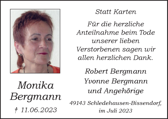 Traueranzeige von Monika Bergmann von Neue Osnabrücker Zeitung GmbH & Co. KG