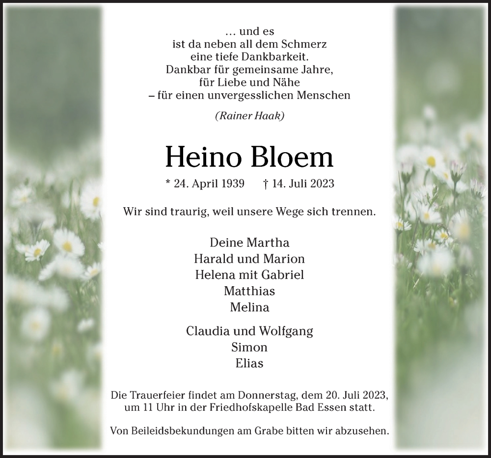  Traueranzeige für Heino Bloem vom 17.07.2023 aus Neue Osnabrücker Zeitung GmbH & Co. KG