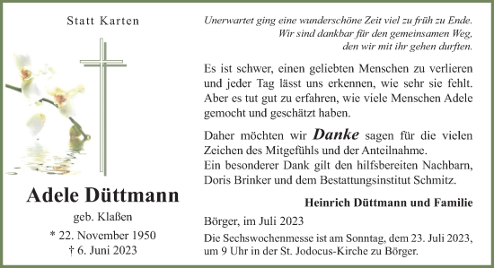 Traueranzeige von Adele Düttmann von Neue Osnabrücker Zeitung GmbH & Co. KG