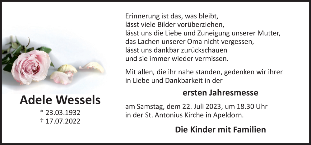  Traueranzeige für Adele Wessels vom 20.07.2023 aus Neue Osnabrücker Zeitung GmbH & Co. KG