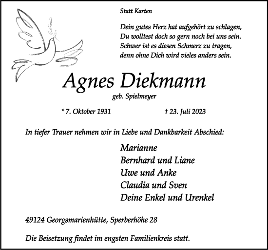 Traueranzeige von Agnes Diekmann von Neue Osnabrücker Zeitung GmbH & Co. KG