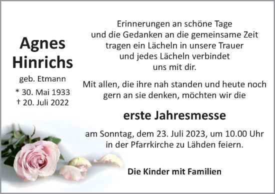 Traueranzeige von Agnes Hinrichs von Neue Osnabrücker Zeitung GmbH & Co. KG