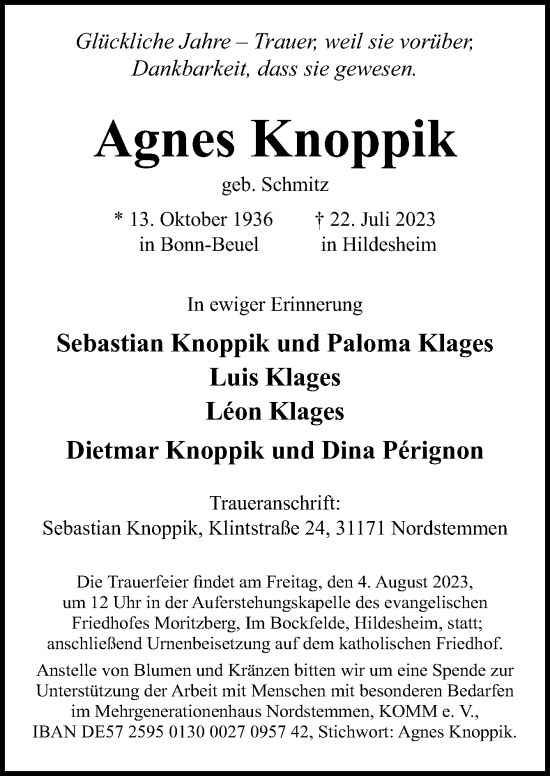 Traueranzeige von Agnes Knoppik von Neue Osnabrücker Zeitung GmbH & Co. KG