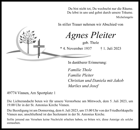 Traueranzeige von Agnes Pleiter von Neue Osnabrücker Zeitung GmbH & Co. KG