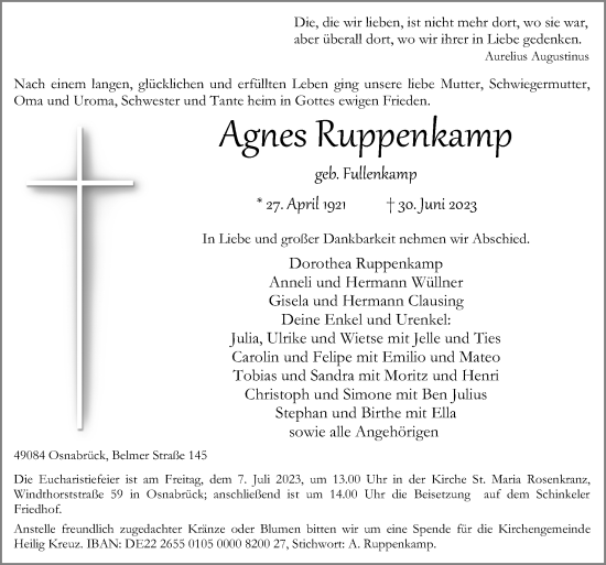 Traueranzeige von Agnes Ruppenkamp von Neue Osnabrücker Zeitung GmbH & Co. KG