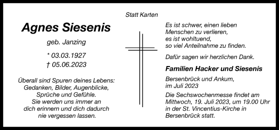 Traueranzeige von Agnes Siesenis von Neue Osnabrücker Zeitung GmbH & Co. KG